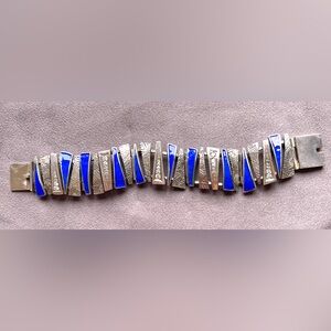 Vintage MCM Russian Silver and Blue Enamel with Zircon Geometric Bracelet